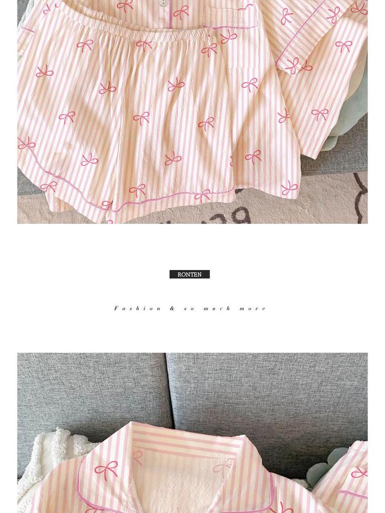 Sweet Striped Bow Print Korean Style Crinkle Pajamas Set for Women - Three-Piece, Short Sleeve Homewear.