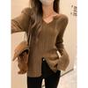 Autumn New Design Sense V-neck Long-sleeved Women's Thin Temperament Hem Slit Versatile Casual Knitting