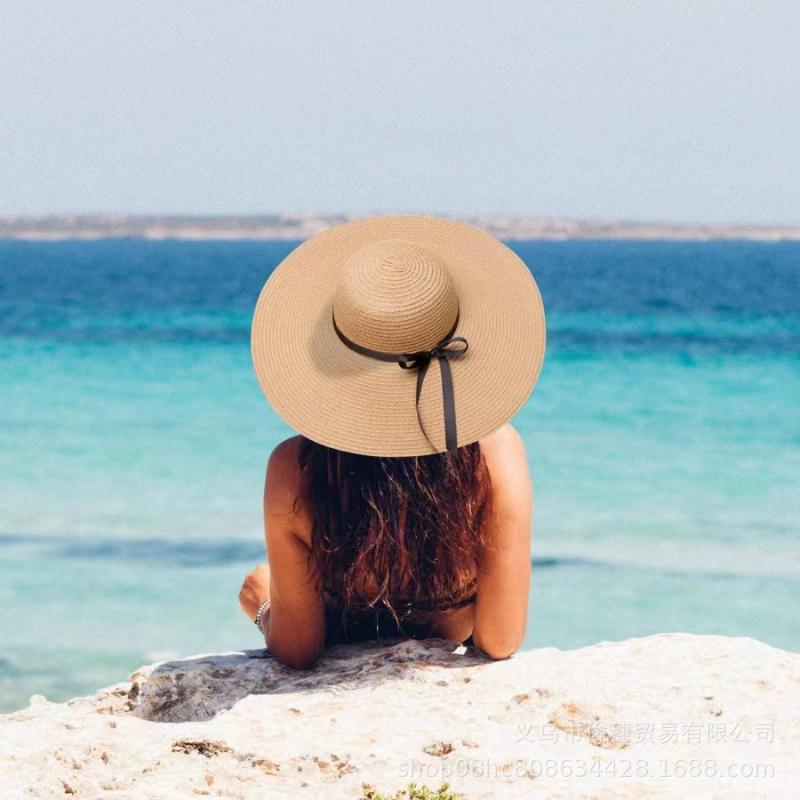 1Pc Wide Brim Summer Straw Hats Foldable Bow Design Foldable Beach Sun HatS for Women Korean Style Seaside Travel Accessory