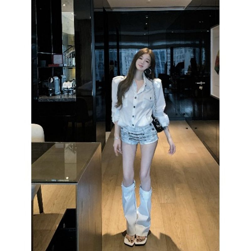 

Kumikumi Fashion Suit Padded Shoulder Polo Collar Long Sleeves Shirt Women Fall Worn Jeans Shorts Two-piece Set Cowboy shorts L