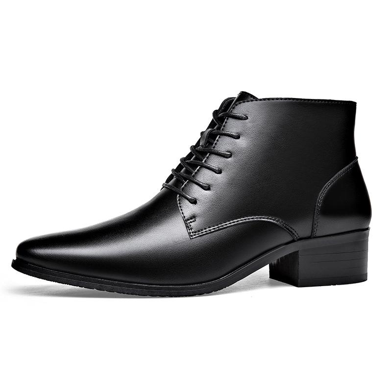 Men's Winter Pointed Toe Leather Chelsea Boots with Velvet, Lace-up Roman Style, High Heel Martin Design