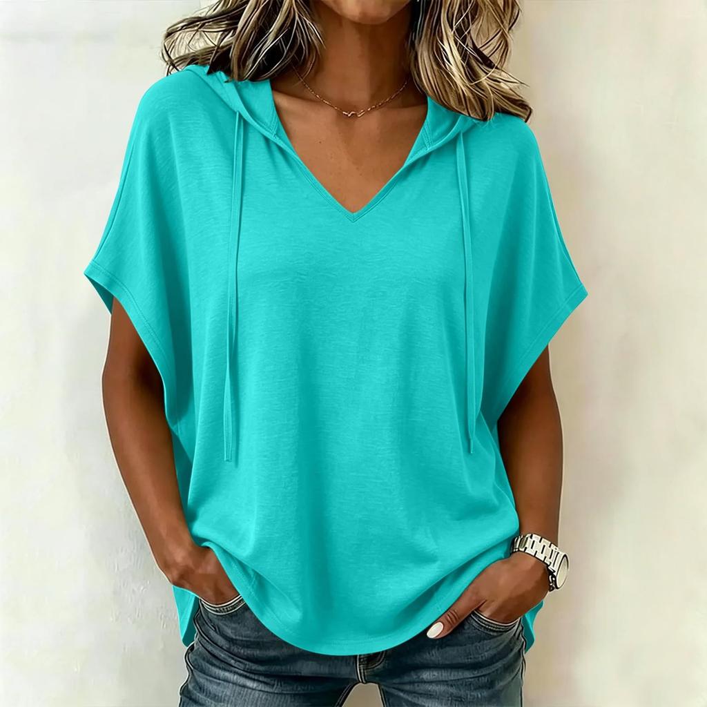 Top Pullover Casual da Donna con Cappuccio, Scollo a V, Maniche Corte, Vestibilità Larga, Leggero, con Coulisse, Felpa Camicia per Uso Quotidiano