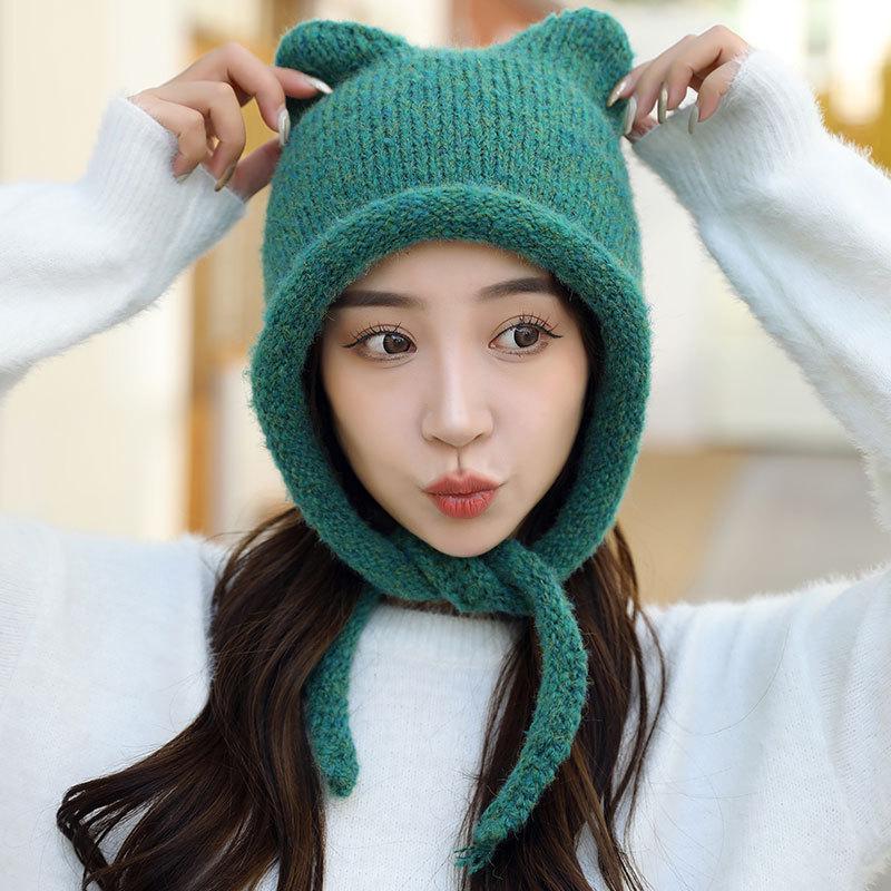 Fashion Ear Ear Protector Knitted Hat Women's Autumn and Winter Mohair Warm Ski Hat Student Hat