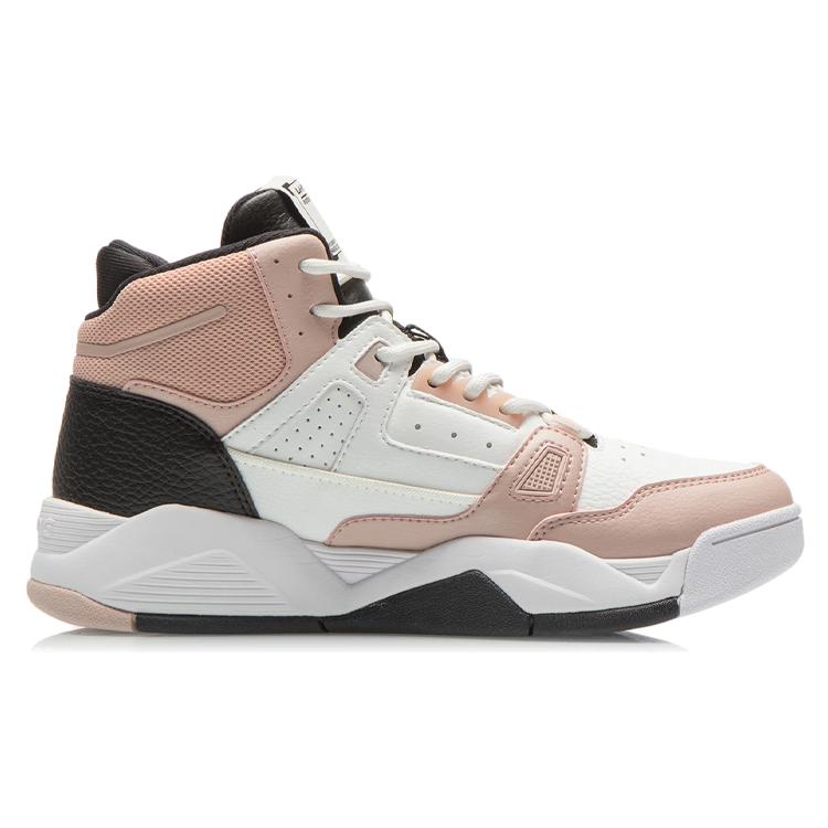 New LINING Vintage Basketball Shoes Women's High Top Ecru/Tea Orange Pink/Black AGBR084-2