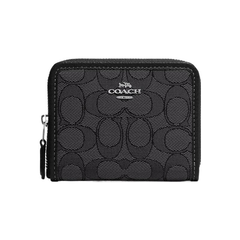 COACH Zip Around 12 gold logo all-over jacquard pebbled leather card holder wallet women s black чёрный