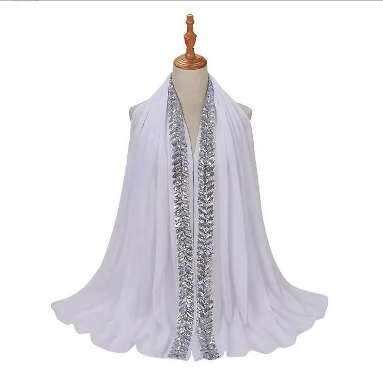 High Quality Pearls Chiffon Scarf Muslim Women Sequins Hijab Headwrap Arab Plain Turban Shawls Hair Accessories 175*70cm
