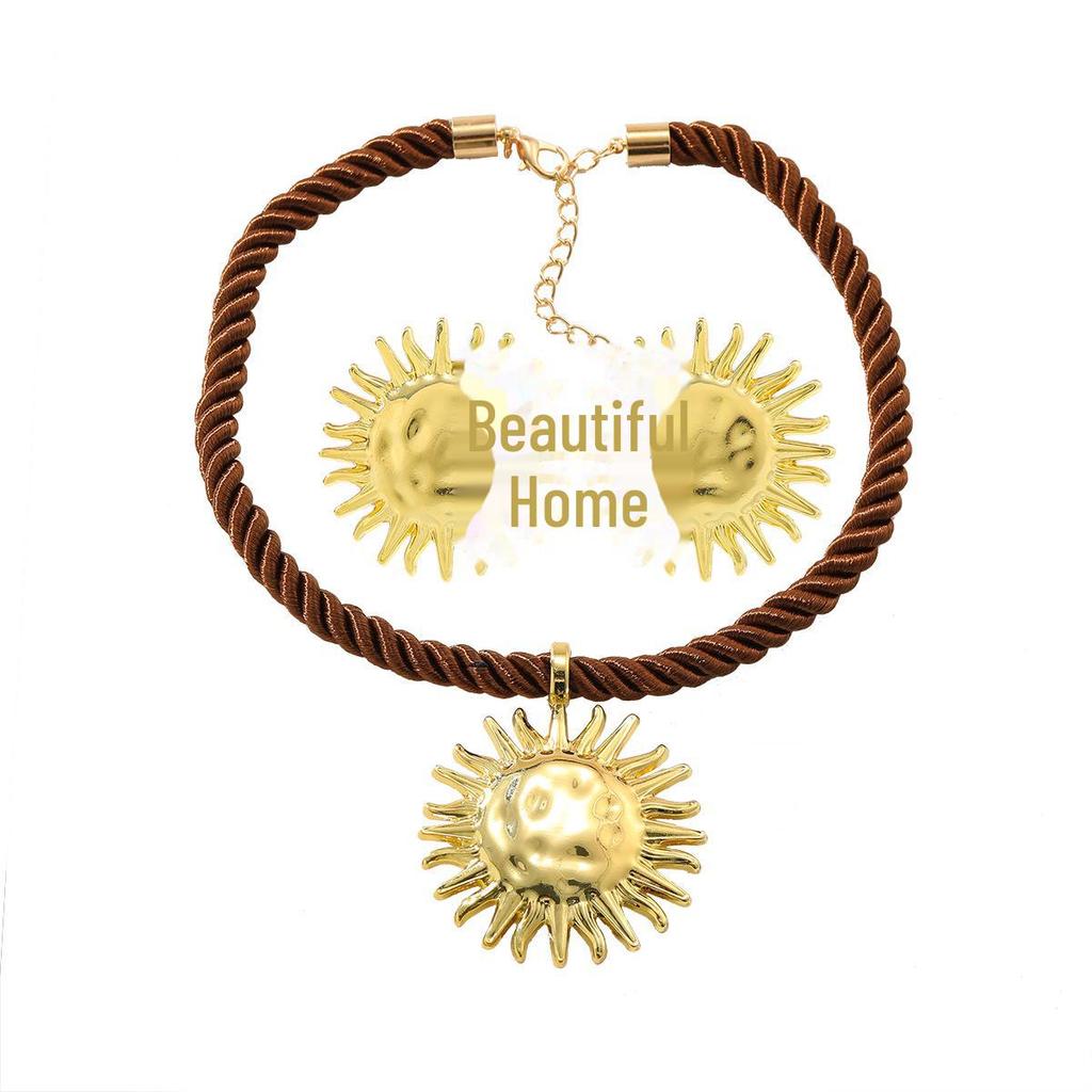 Stylish Holiday Alloy Sun Pendant Necklace and Earring Set - European & American Beach Style Women's Accessory