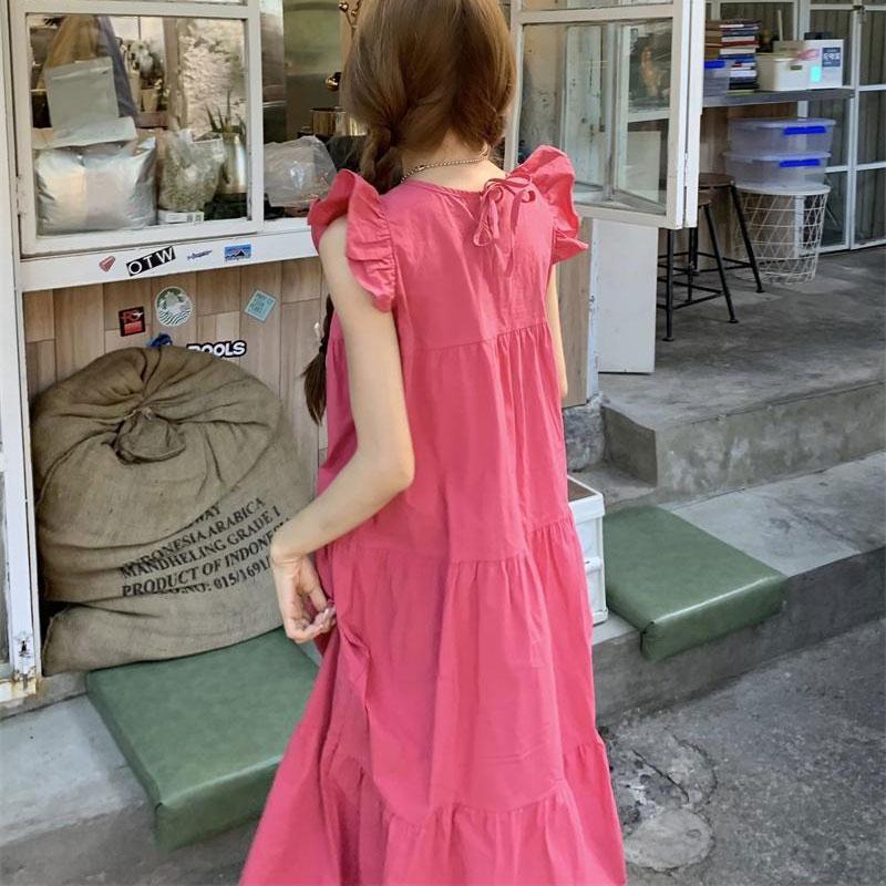 Sweet Flying Sleeve Dress for Women New Spring Fresh Loose Design Round Neck Long Skirt Chic
