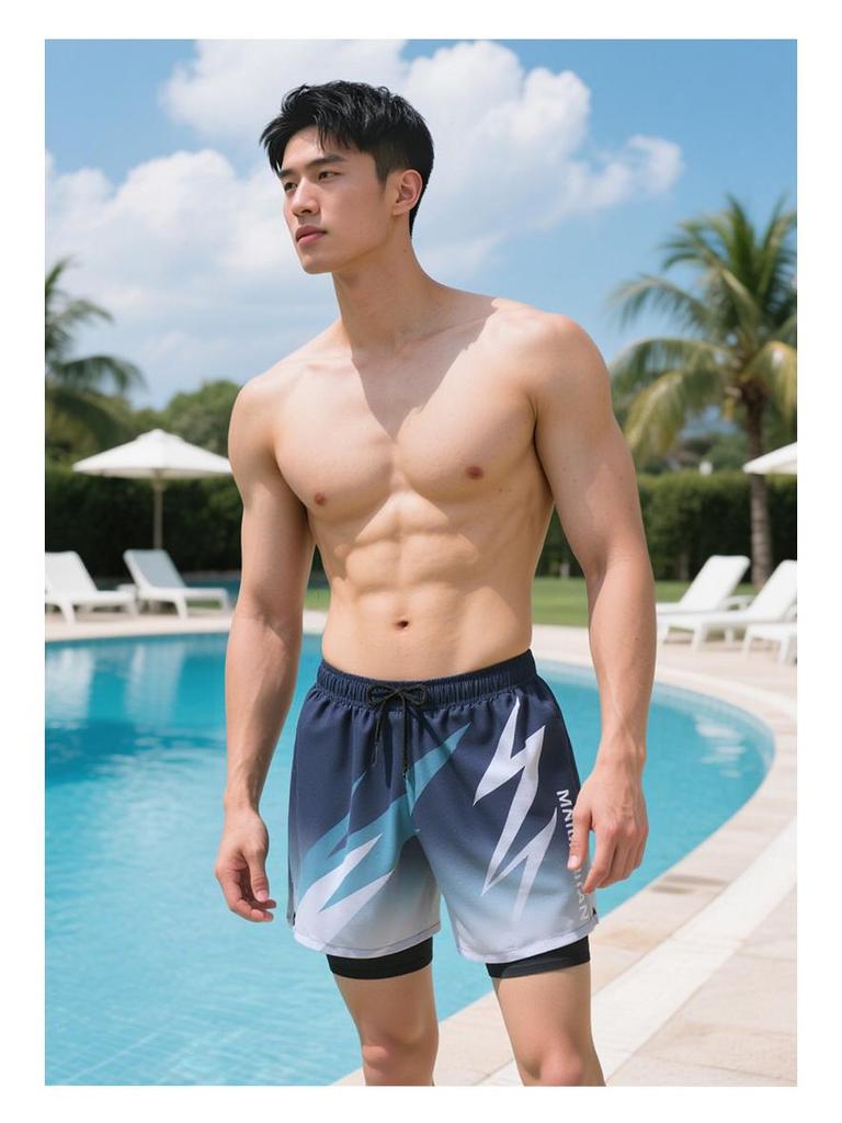 Men's Quick-Dry Double Layer Swim Trunks - Anti-Embarrassment Printed Beach Boxer Briefs
