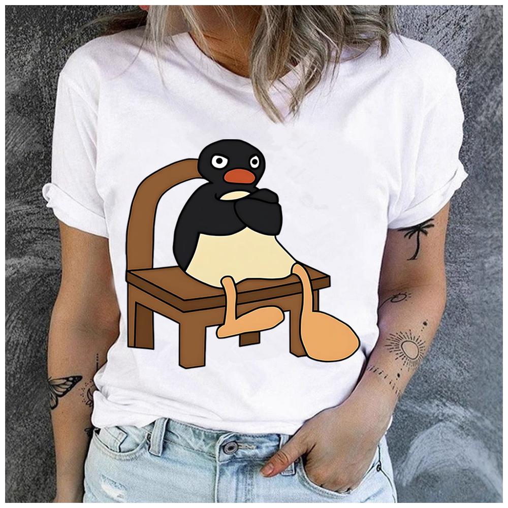 Unisex 100% Polyester Classic Cartoons Pingu Print Loose Round Neck Short Sleeve Fashion Summer Top for Astrology Lovers
