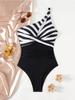 Striped Printed One Shoulder Hollow Out Sexy One Piece Bikini Swimsuit Women Fashion Elegant Beach Vacation Swimwear