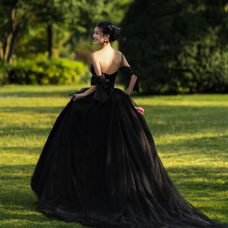 Schwarzes Hochzeitskleid 2025 neue Kleidung leichter Tüll Reisefotografie Bankettkleid