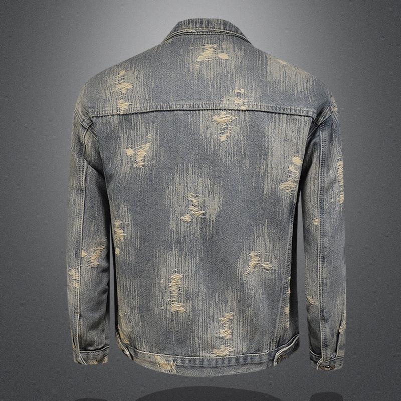 Men's Retro Ripped Washed Jacquard Denim Jacket - Casual & Cool