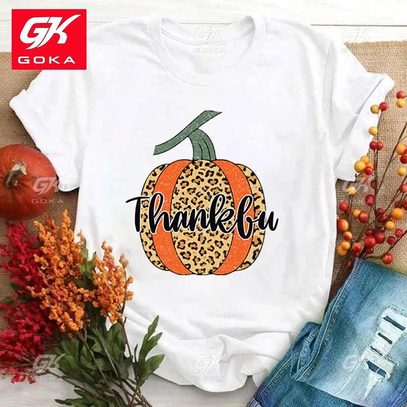 Fashion Fall Pumpkin Thankful Printed Short Sleeve Fall Pumpkin Thankful Cotton T Shirt for Womens Casual Cool Hip Hop T Shirts S
