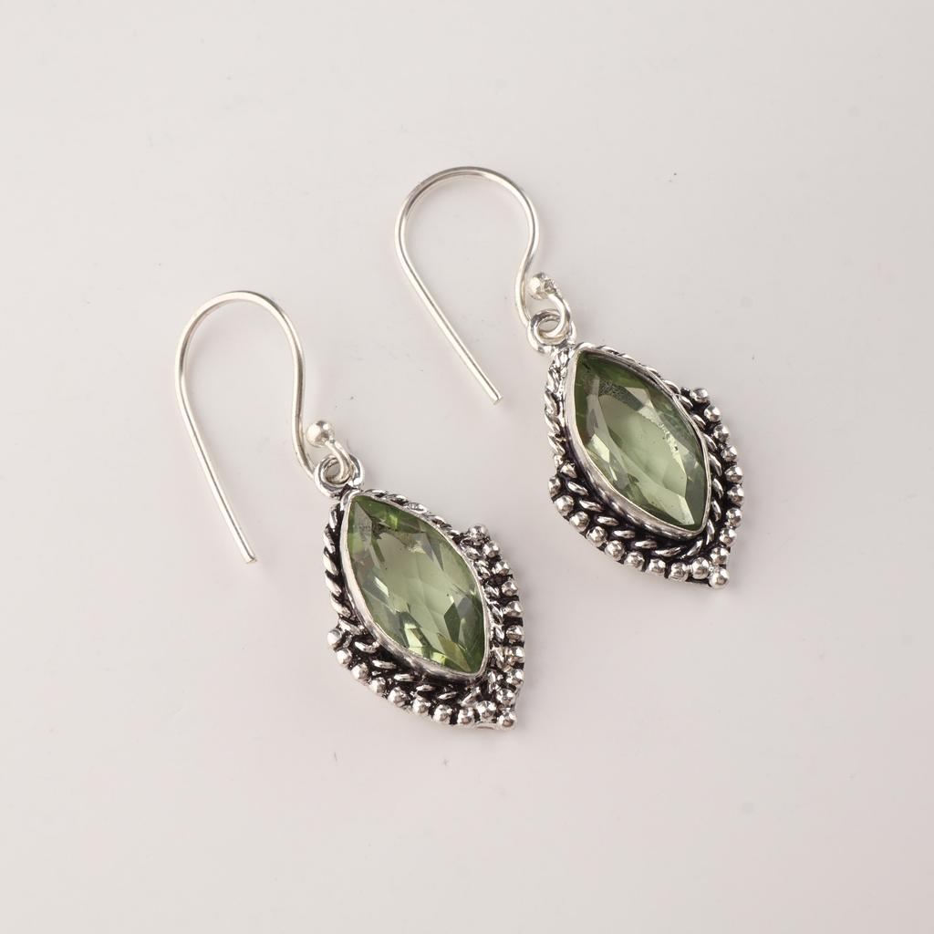 Green Amethyst Gemstone Silver Handcrafted Pretty Earrings 1.6" , 925 Sterling Silver Jewelry For Bridesmaid AEE-4-10