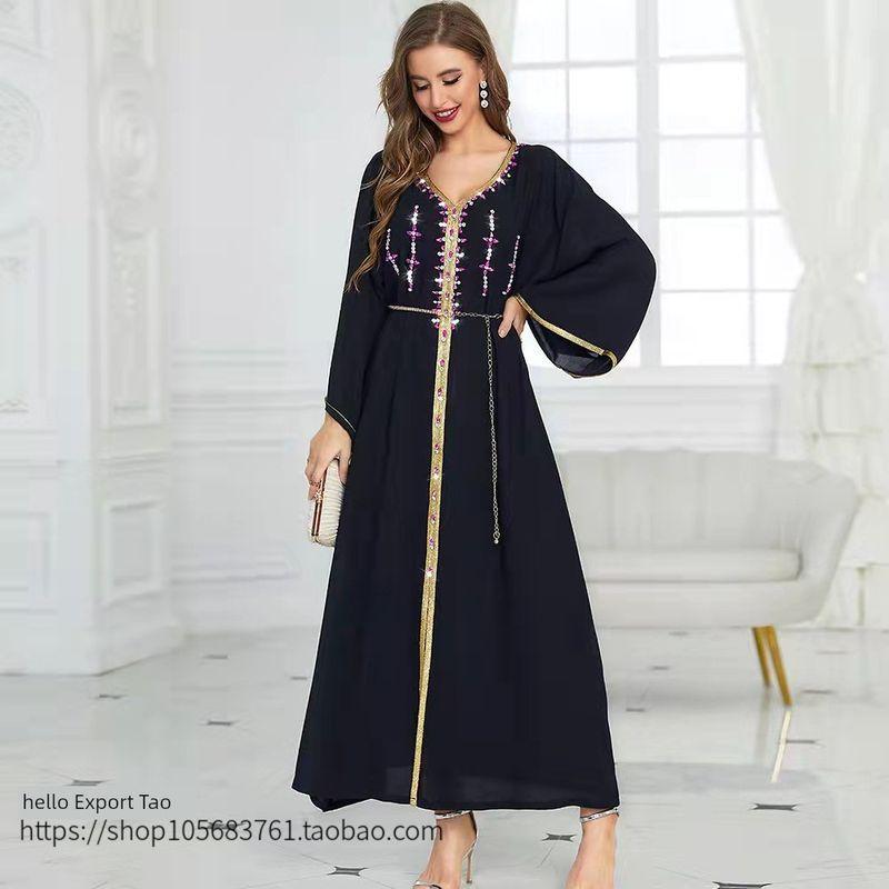 Fashion New Arrival Hand Sewing Drill V Neck Internet Celebrity Model Shoelace Dress Hand Stitched Diamond Dress