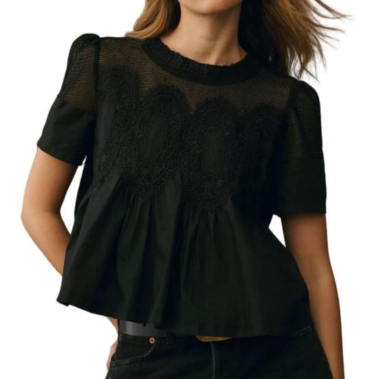 

Women Tops Round Neck Short Sleeve Pure Color Pullover Tops Hollow Embroidery Mesh Yarn Loose Fit Casual Tops Daily Wear S чорний