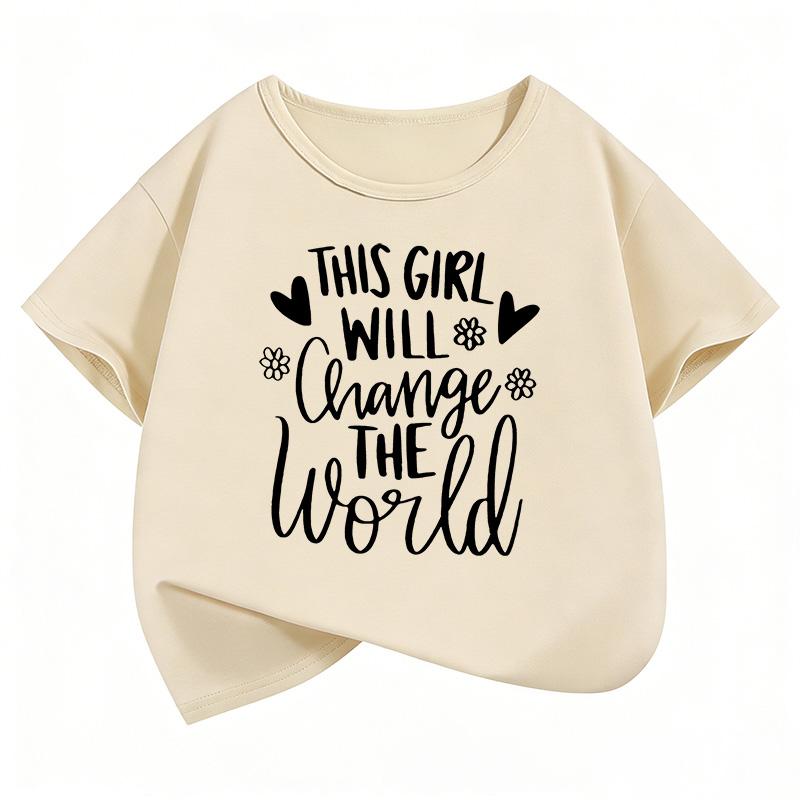 The Girl Will Change The World Letter Lovely Printed Kids Tshirts Summer Short Sleeve Tees Girls Clothes Tops Children Tshirt 110
