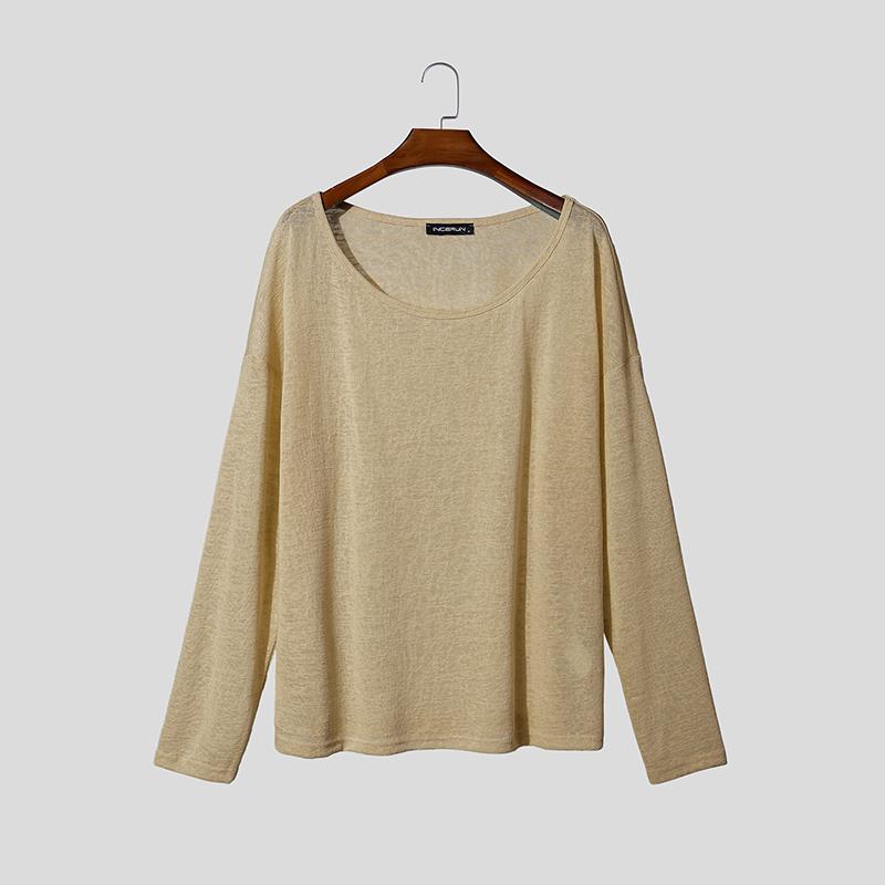 INCERUN Herren U-Boot-Ausschnitt Langarm Leicht Casual Oversized Halbtransparent Oberteile T-Shirts