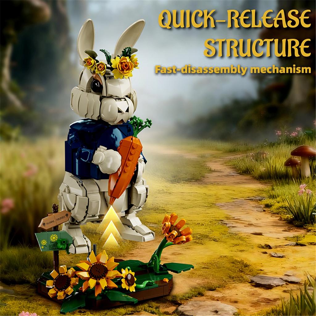 Creative architectural building blocks, pastoral style rabbit, 1258 pieces, animal models, home decoration, rural flowers, rabbit, assembly toys