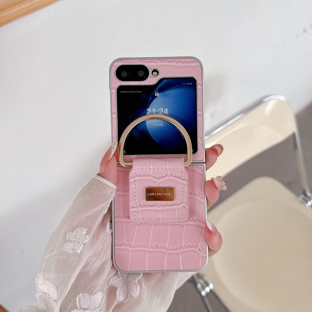 Hand Carry Ring Folding All-Inclusive Protective Cover for Samsung Z Flip7/6 Z Flip3/4/5 Crocodile Pattern PU Leather Phone Case