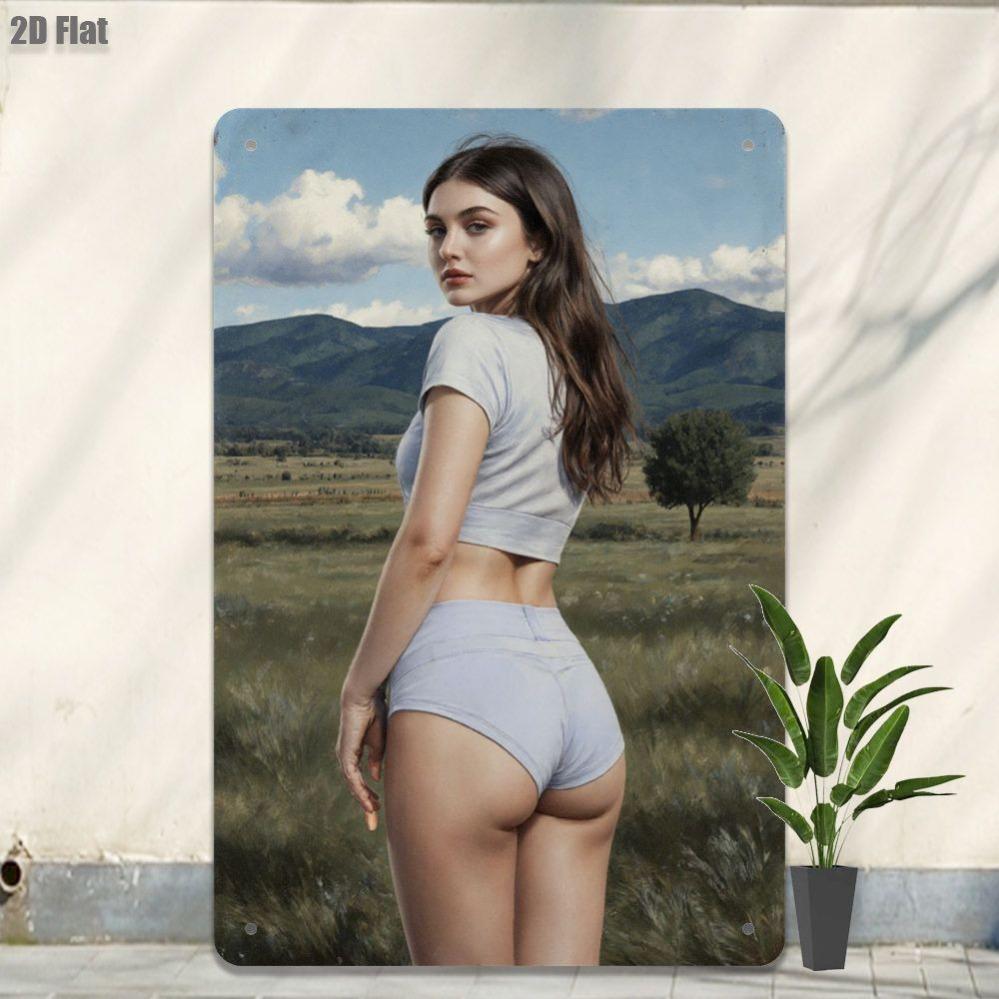 Metalowa Dekoracja Ścienna Vintage Retro Design Krajobrazowy z Postacią Kobiecą - Samotne Drzewo i Odległa Góra Żelazna Sztuka, Wewnątrz na Zewnątrz Dom Kawiarnia Dekor