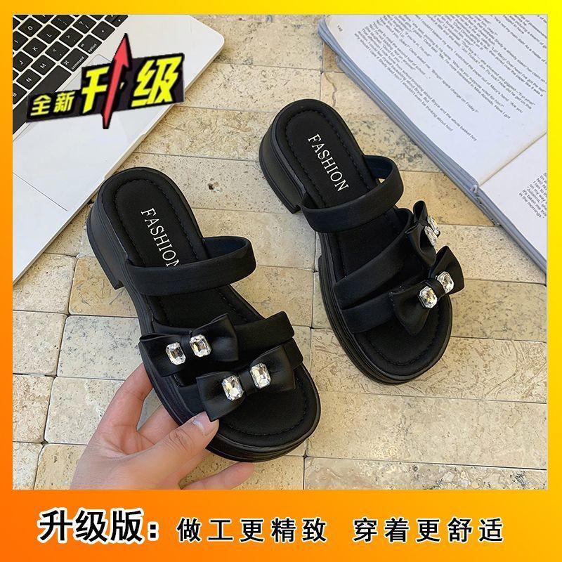 

Lazy muffin cool slippers Internet celebrity wedge heel bow thick bottom one word drag women 2025 summer and autumn new versatile outer wear 37