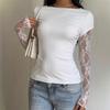 Women's Lace Patchwork Long Sleeve Top Boat Neck Fitted Solid Color Casual Blouse