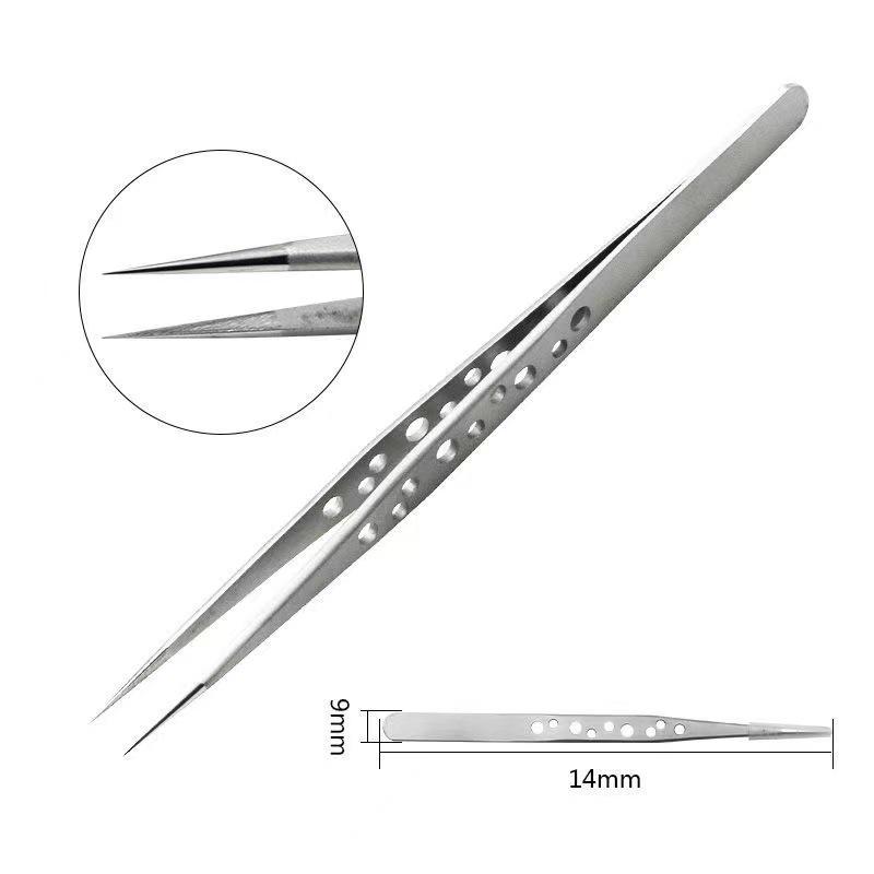 Nine-Hole Hardened Stainless Steel Pointed Tweezers for Precision Nail Art and Beauty Repair
