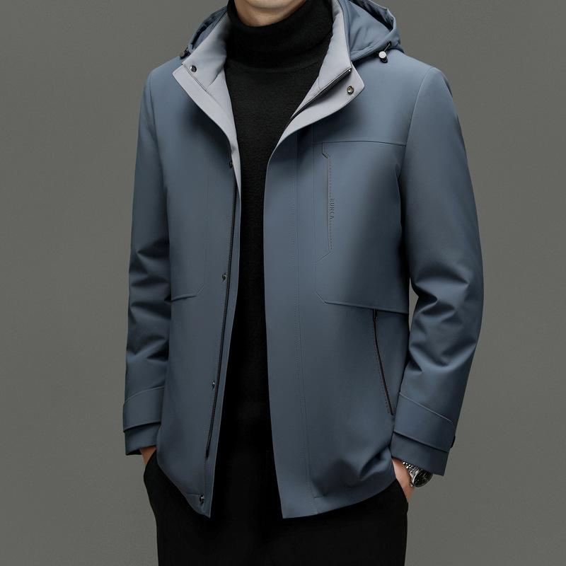 Milchseide Stoff Zerlegbare Gänsedaunenjacke Herren Daunenjacke Business Casual Mittellang Kapuze Gänsedaunenjacke