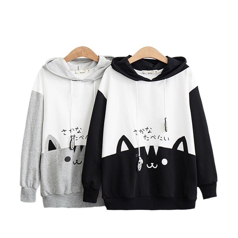 Autumn Cute Cat Patchwork Hooded Student Girls Casual Long-sleeved Sweatershirt