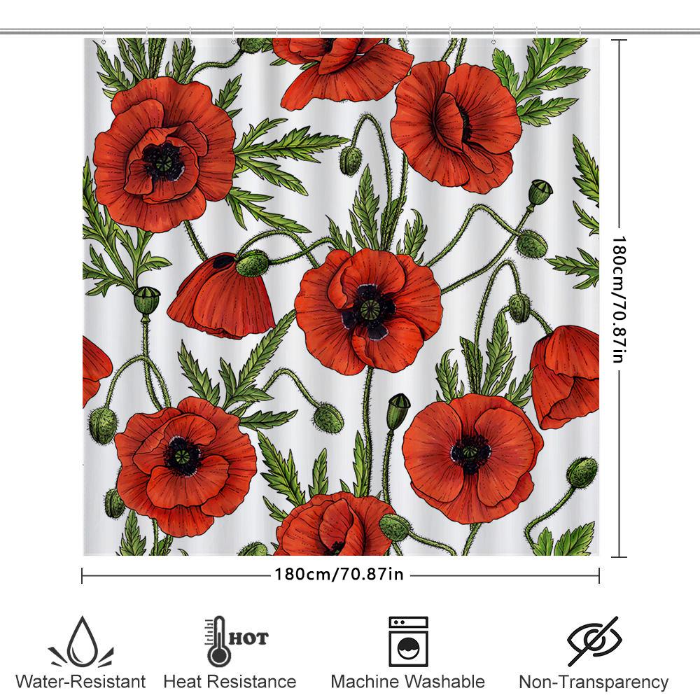 Roter Mohn Duschvorhang Badezimmer Dekor Blumendruck Wasserdicht Waschbar Modern Shabby Chic Heimdekoration 72X84 (Weißer Hintergr