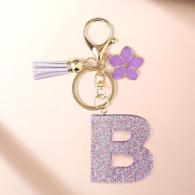 Flash Powder 26 English letters, diy, Resin keychain, purple flower, pendant, bag pendant, keychain, Christmas gift, Stocking stuffers
