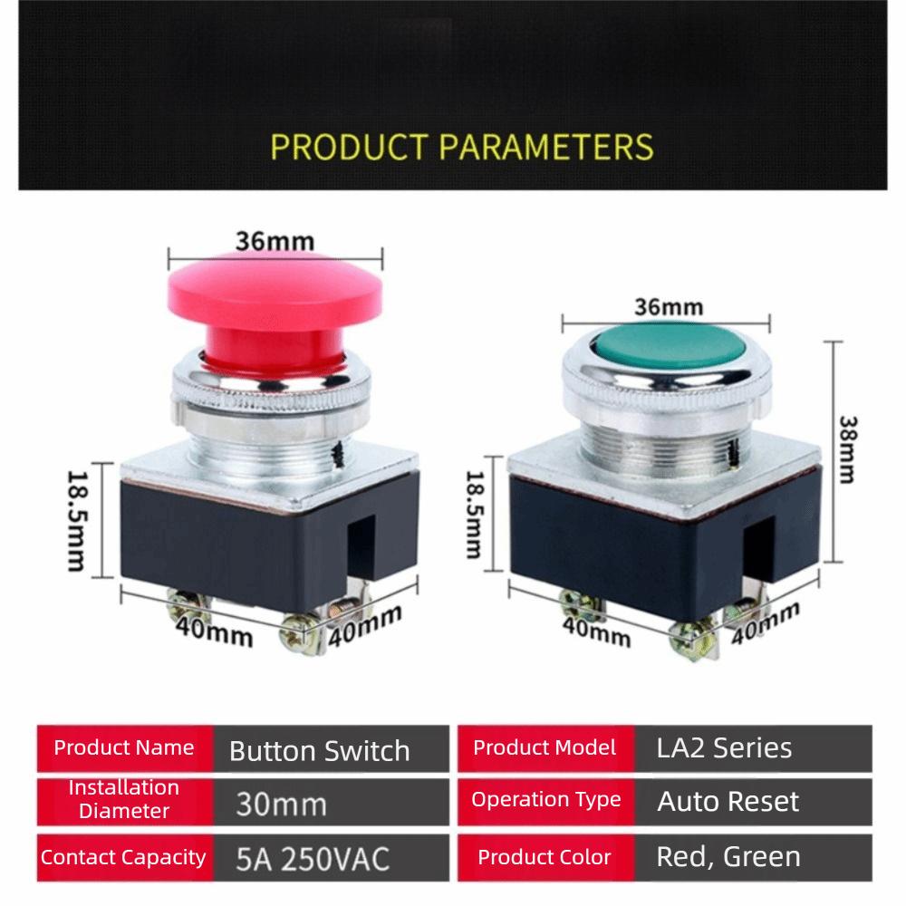 Momentary Control LA2 Push Button Switch 30mm Mounting Hole Self-Resetting Opening Mushroom Head Push Button 5A 250VAC Red Green