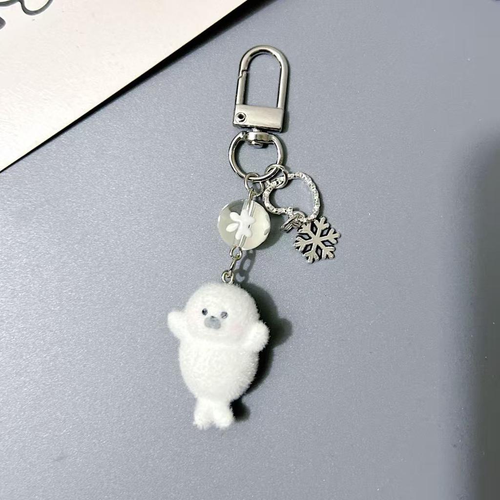 Resin Flocking Sea Otter Animal Keychains Fluffy Cute Cartoon Marine Animals Pendant Bag Earphone Case Phone Lanyard Accessories