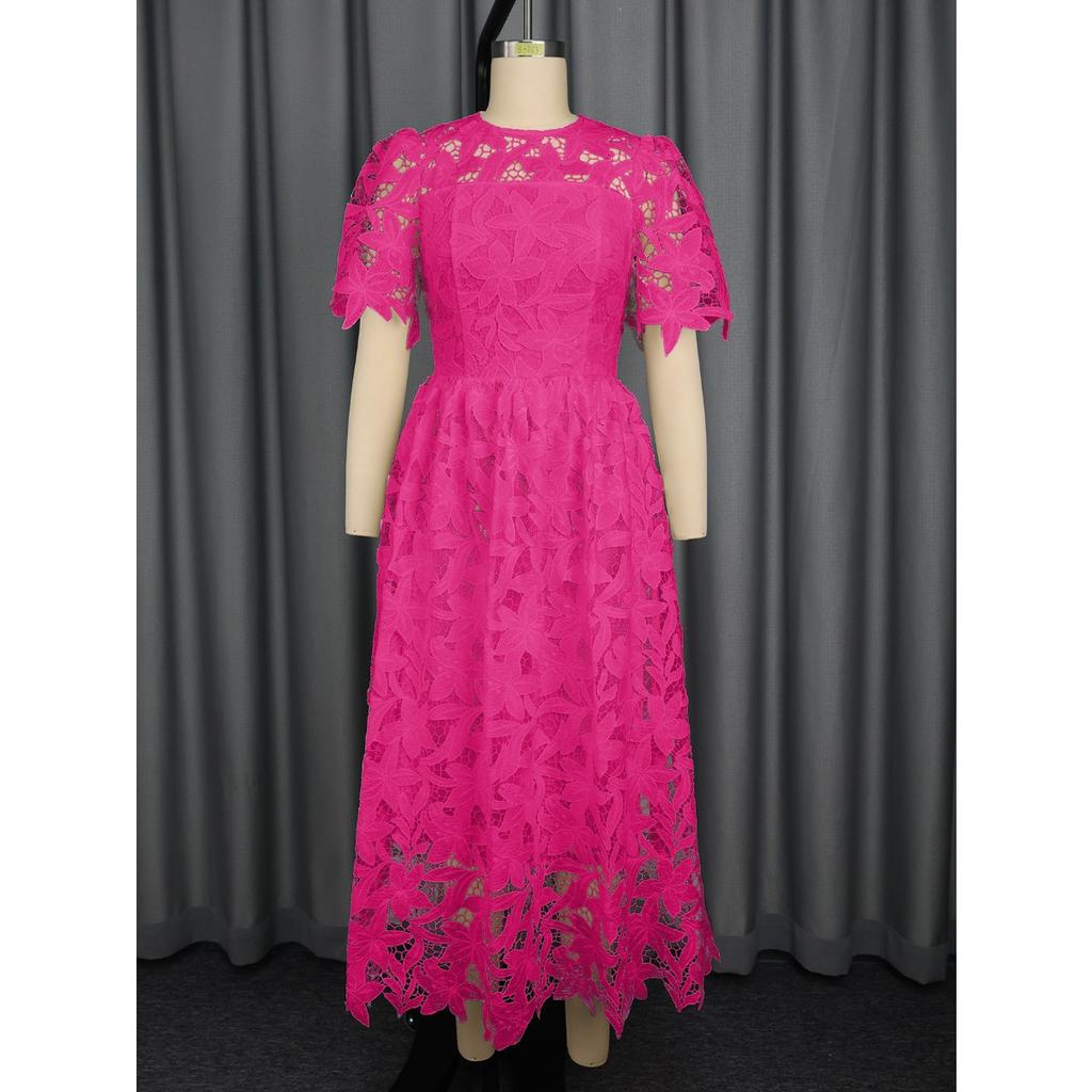 Plus Size Dames Elegante Kant Midi Jurk, Ronde Hals Uitgesneden Taille Ingesnoerd Feest Cocktail Avondjurk