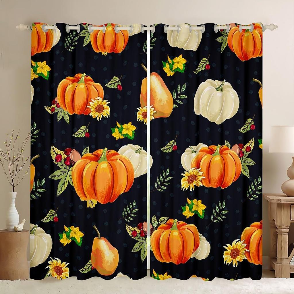 Herbst Kürbis Gardinen Vorhänge Halloween Thema Vorhänge Schlafzimmer Wohnzimmer Ahornblätter Festival Fensterdekorationen Polyester Waschbar Sitzfertig