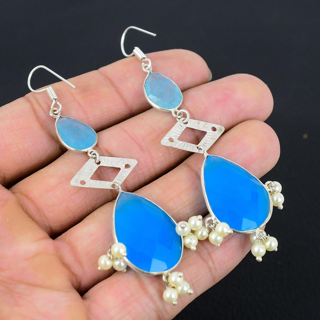 Halloween Sale 925 Silver Pear Natural Blue Sapphire Dangling Daughter Earrings