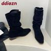 Mode Mode Plissierte Damen Knöchel Moderne Stiefel Mit Niedrigem Absatz Schuhe Spitz Zehen Flock Damen Kurze Stiefel Weibliche Pumps Schuhe