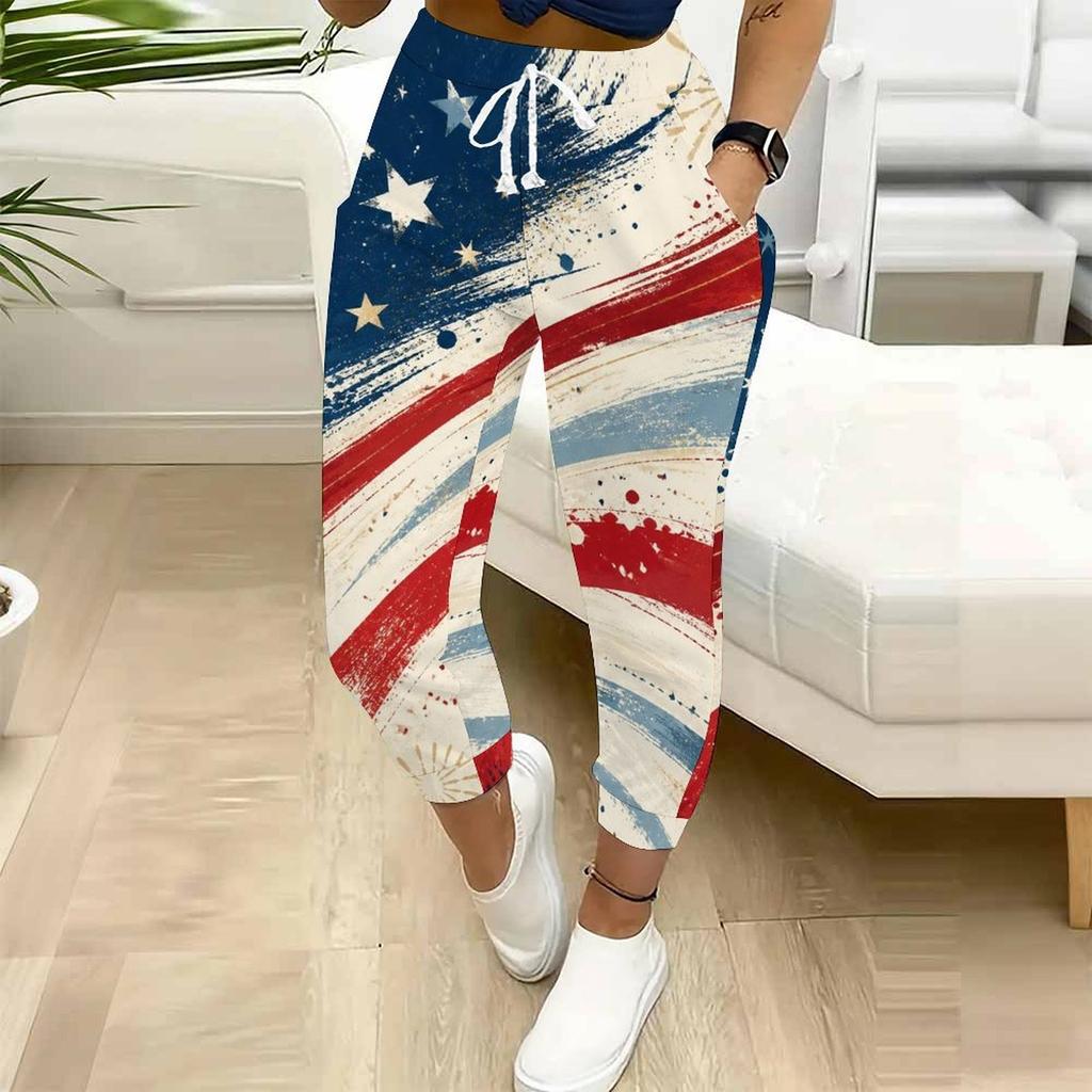 Women Plus Size American Flag Printed Jogger Pants Drawstring Waist Side Pockets Cuffed Ankle