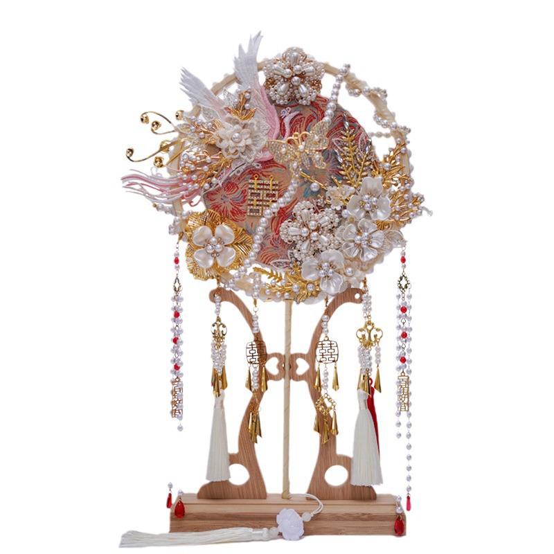 Long Handle Xiuhe Wedding Veil Fan - Handmade Double-Sided Round Fan Gift