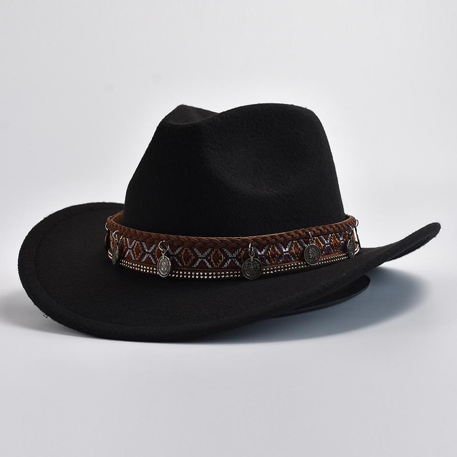 Unisex Winter Autumn Imitation Wool Felt Hat Vintage Western Cowboy Cowgirl Jazz Cap With Belt