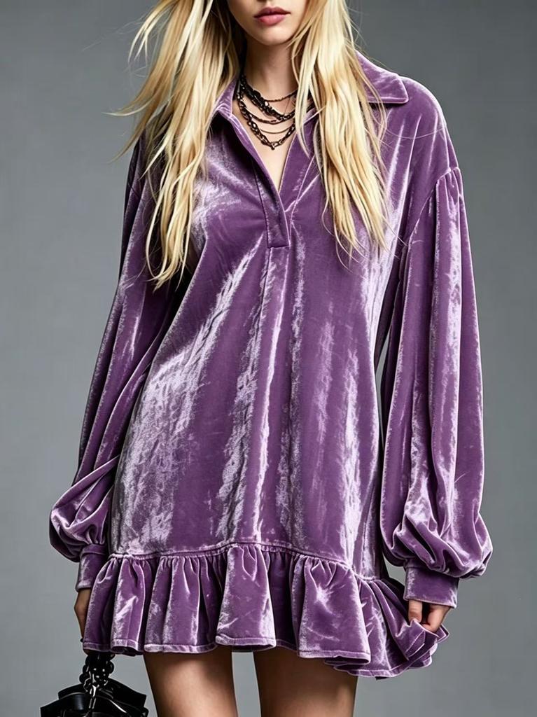 Spot New Autumn and Winter European and American Solid Color Velvet Lantern Sleeves Ruffle Edge Shirt Dress Women's Clothing
