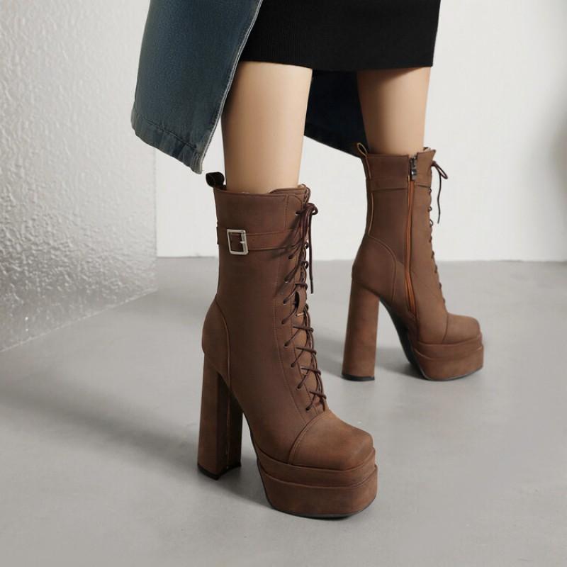 Womens Plus Size Chunky Heel Ankle Boots In PU Leather Square Toe Side Zipper Fashion Winter