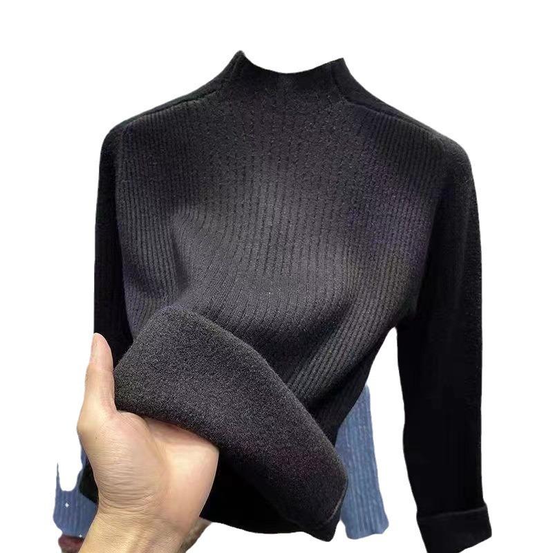Women's Velvet-Lined Slimming Sweater - Half-High Neck, Autumn/Winter 2023 Collection, Warm Knit Base Layer
