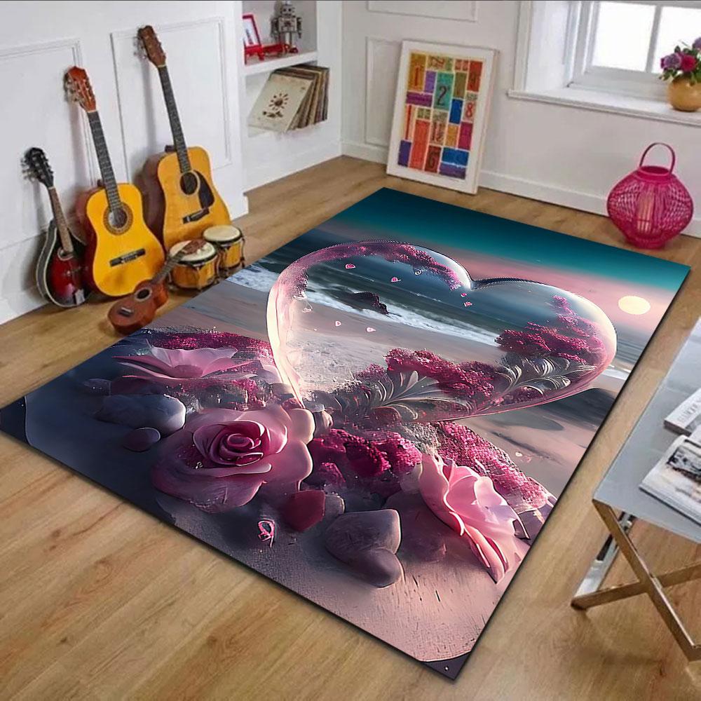 Romantic Heart Beachscape Patterned carpet, non slip mat suitable for living room and bedroom sofas