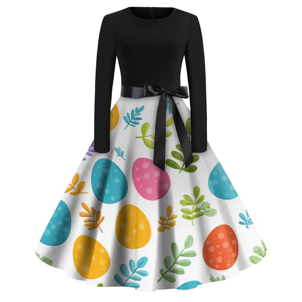 Women's Fashion Round Neck Casual Slim-fit Easter Printed Large Swing Long Sleeve Dress