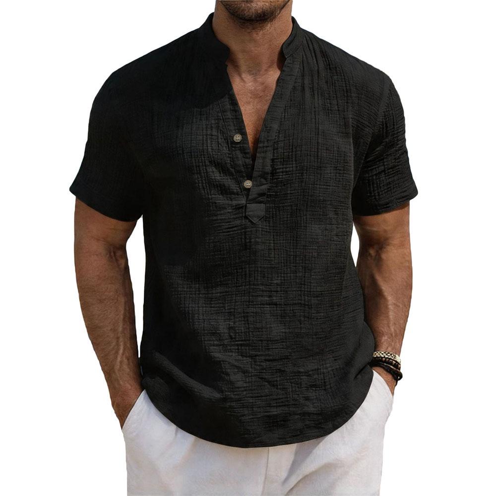 Men's Mandarin Collar Short Sleeve Linen Henley Shirt 2 Button Placket Breathable Textured Casual Summer Beach Tunic Top