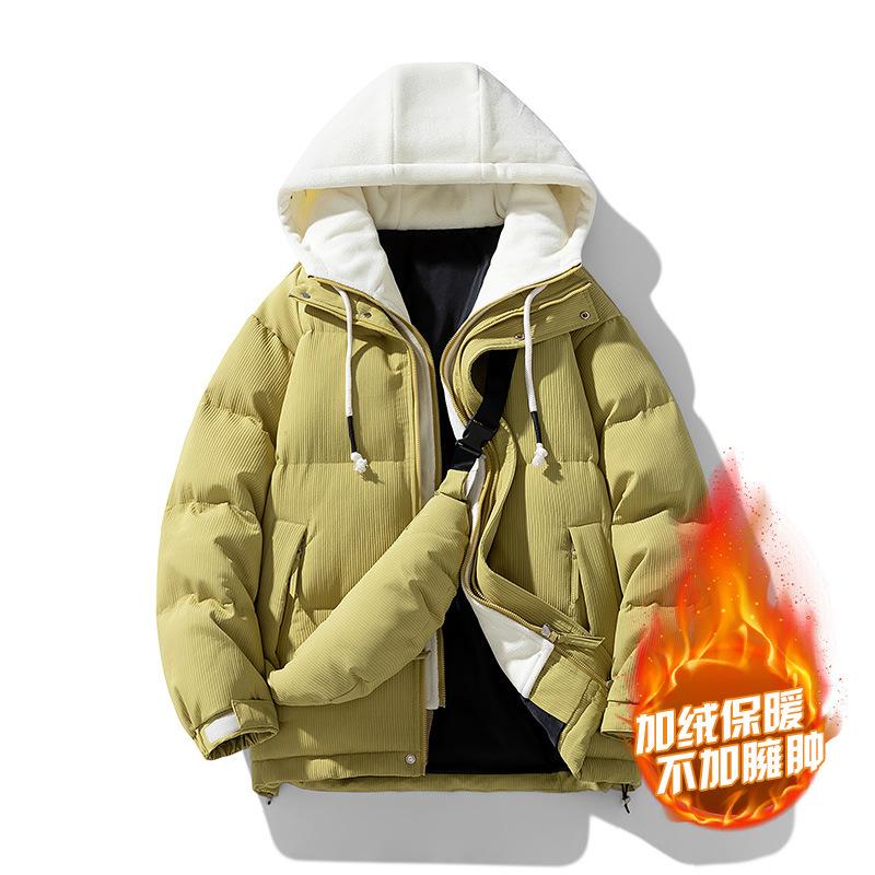 Padded-on men's hooded padded jacket fake two pieces, winter men's fashion trend high-end warm windproof jacket casual