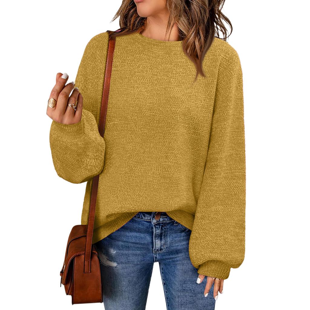Women's Fashion Round Neck Pullover Sweater Casual Versatile Solid Color Knit Top